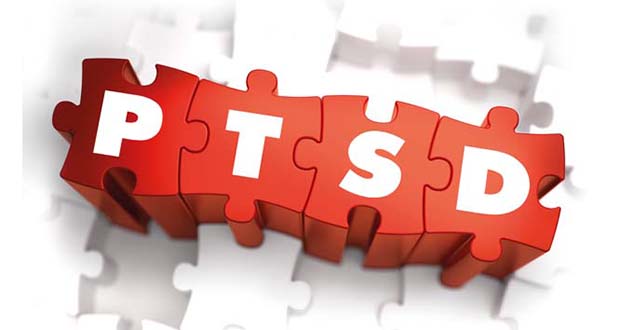 PTSD - Post Traumatic Stress Disorder - White Word on Red Puzzles on White Background.