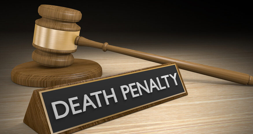 Illustration of a gavel, block and a nameplate that reads "DEATH PENALTY"