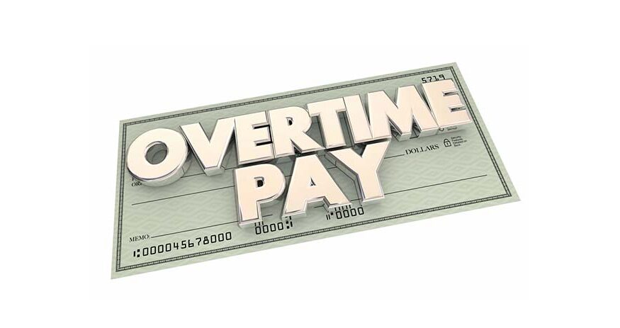 Illustration of a check with 3D text over the top that reads "Overtime pay"
