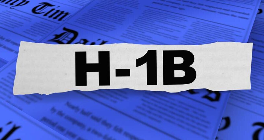 A piece of paper with torn edges and a bold headline reading "H-1B" over a blue background with generic newspaper print