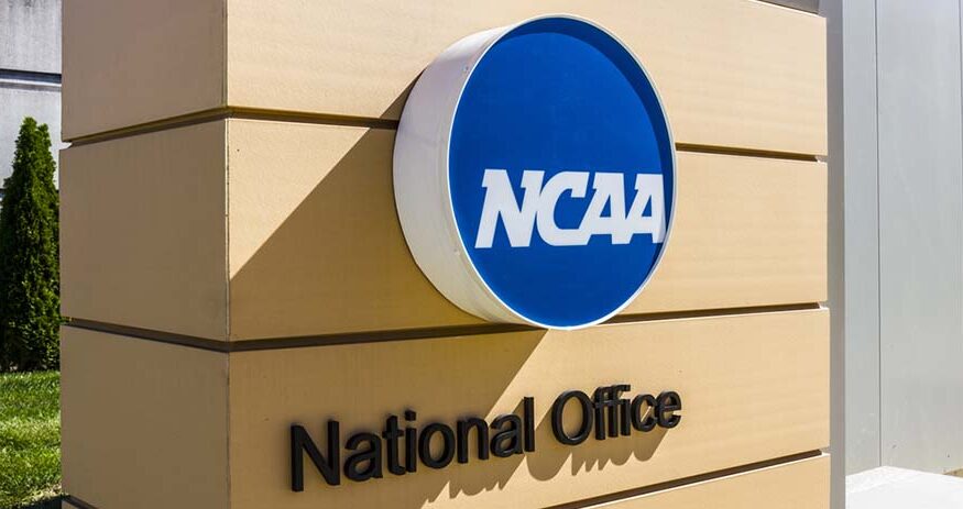 A sign outside the NCAA's national office