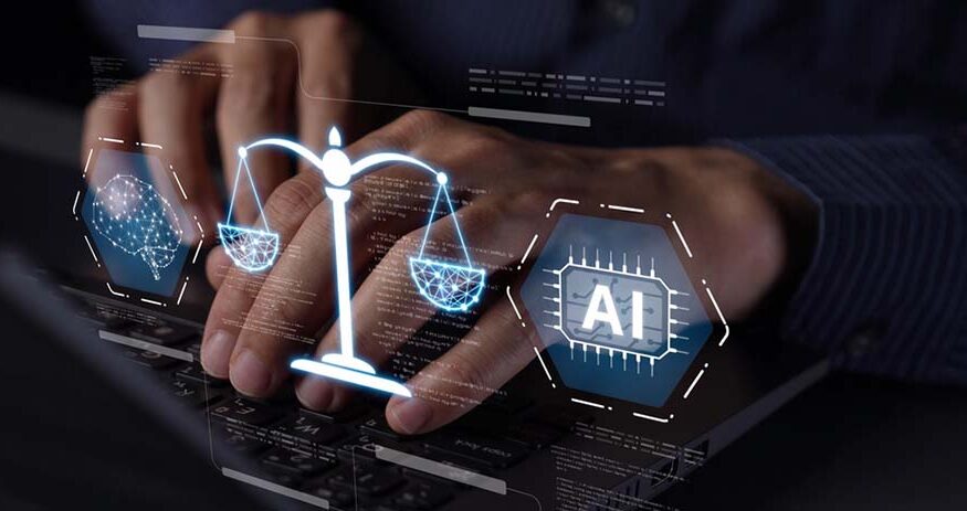 A graphic showing a person's hands on a keyboard with icons depicting a brain, scales of justice and AI in the foreground