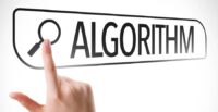 A person's hand with a finger pointing to a magnifying glass icon that's inside a large button graphic reading "ALGORITHM"