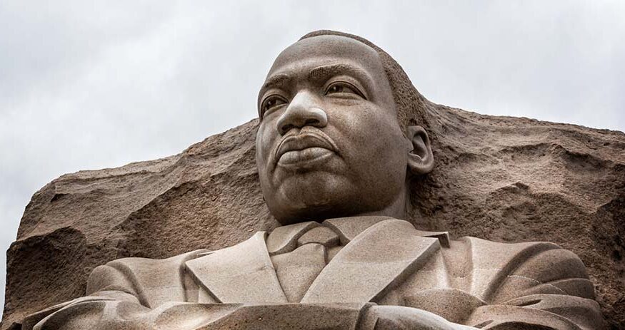 Close up of head of Martin Luther King Jr statue in The Martin Luther King Memorial in Washington DC, USA on 13 May 2019
