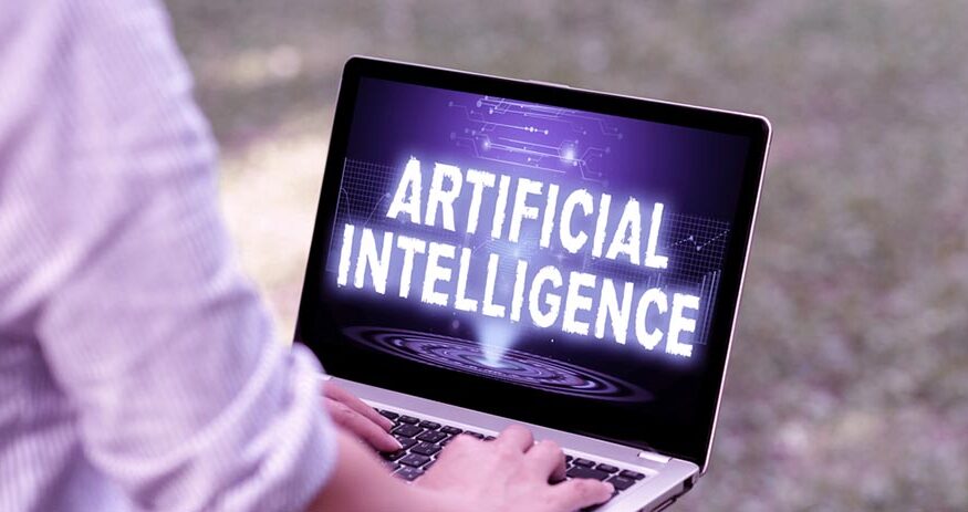 Text showing inspiration Artificial Intelligence, Business showcase Machine copy Cognitive function like Problem Solving Woman Typing On Laptop Sitting Outside Back View Working From Home.