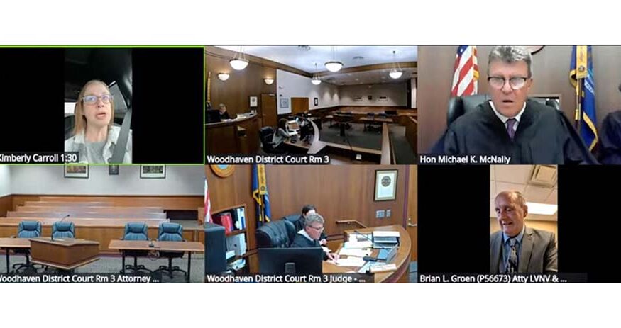 A screenshot from a Zoom court hearing with a woman in the upper left claiming she wasn't driving during the hearing