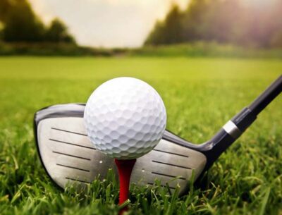 A driver next to a golf ball on a tee on a golf course with trees in the distance