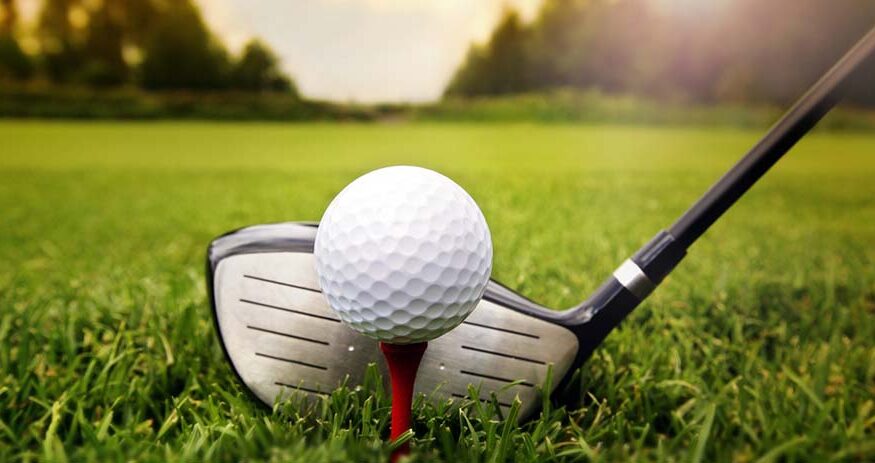A driver next to a golf ball on a tee on a golf course with trees in the distance