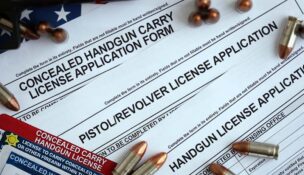 USA firearms license and handgun with bullets on US Constitution. Gun permit and Constitution second amendment concept
