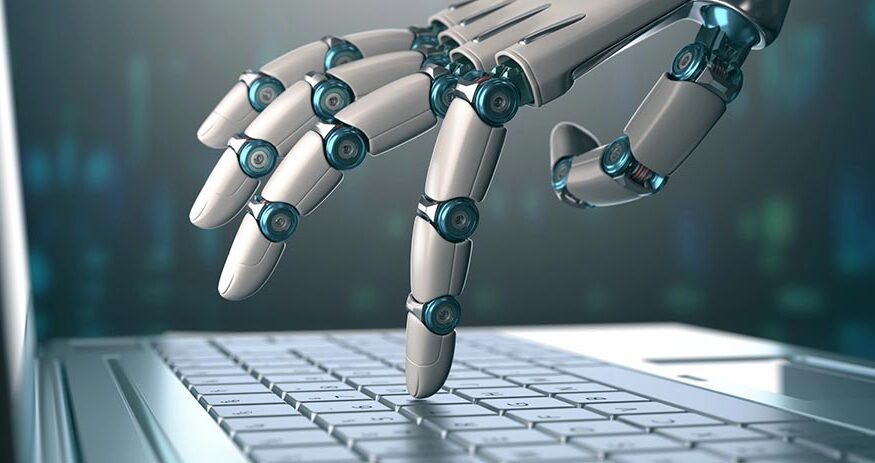 Robotic hand, accessing on laptop, artificial intelligence, AI, cyber