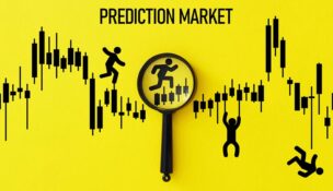 A graphic with a yellow background and "PREDICTION MARKET" at the top with a fever chart underneath