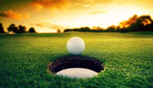 A golf ball shown just outside a hole with the sun low on the horizon